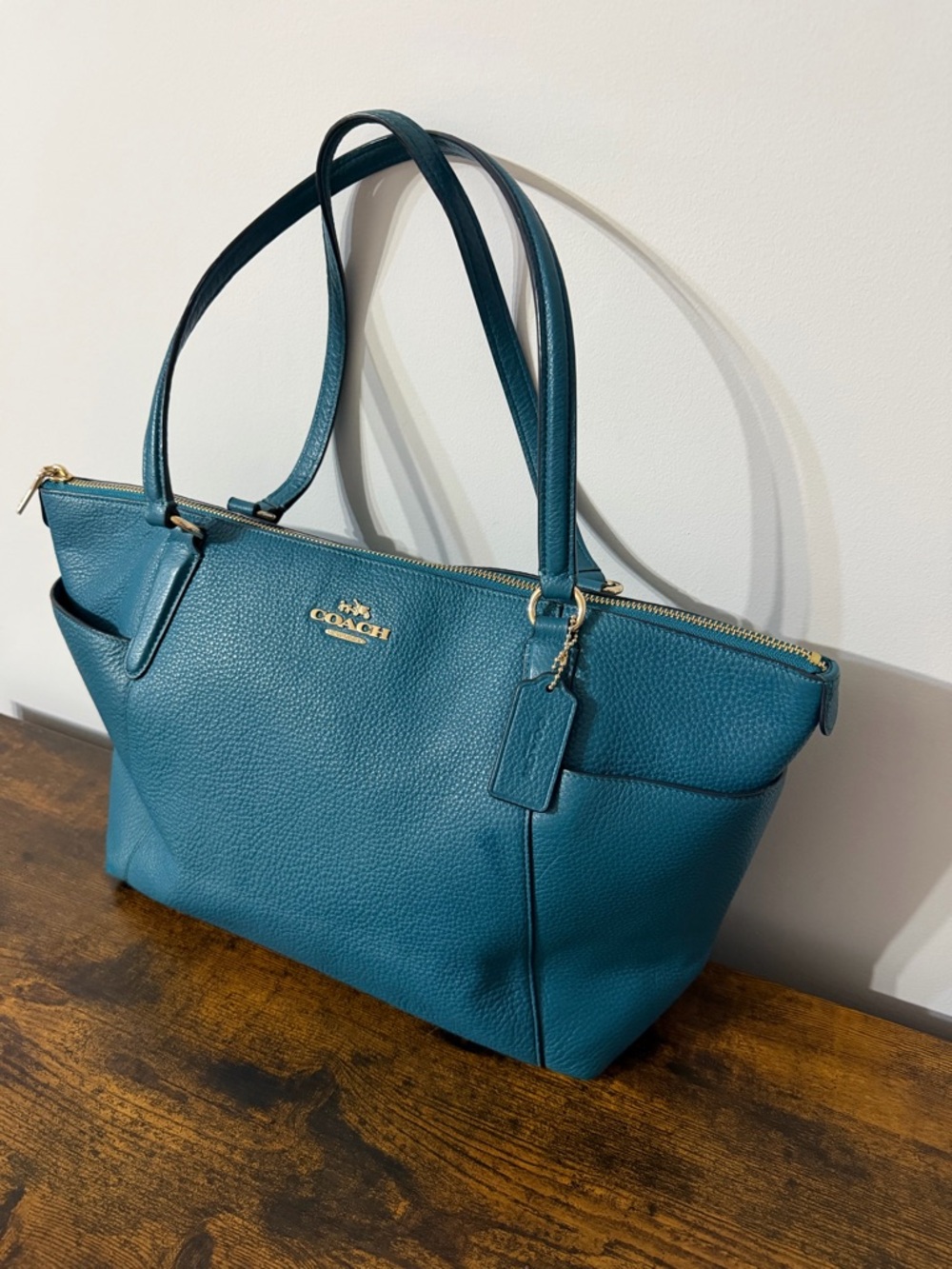 Coach Teal Pebbled Leather Shoulder Tote with Gold Hardware - Picture 6 of 14